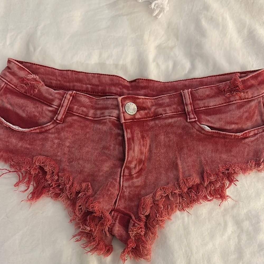 Frayed Hem Red Denim Low Rise Cheeky Booty Shorts